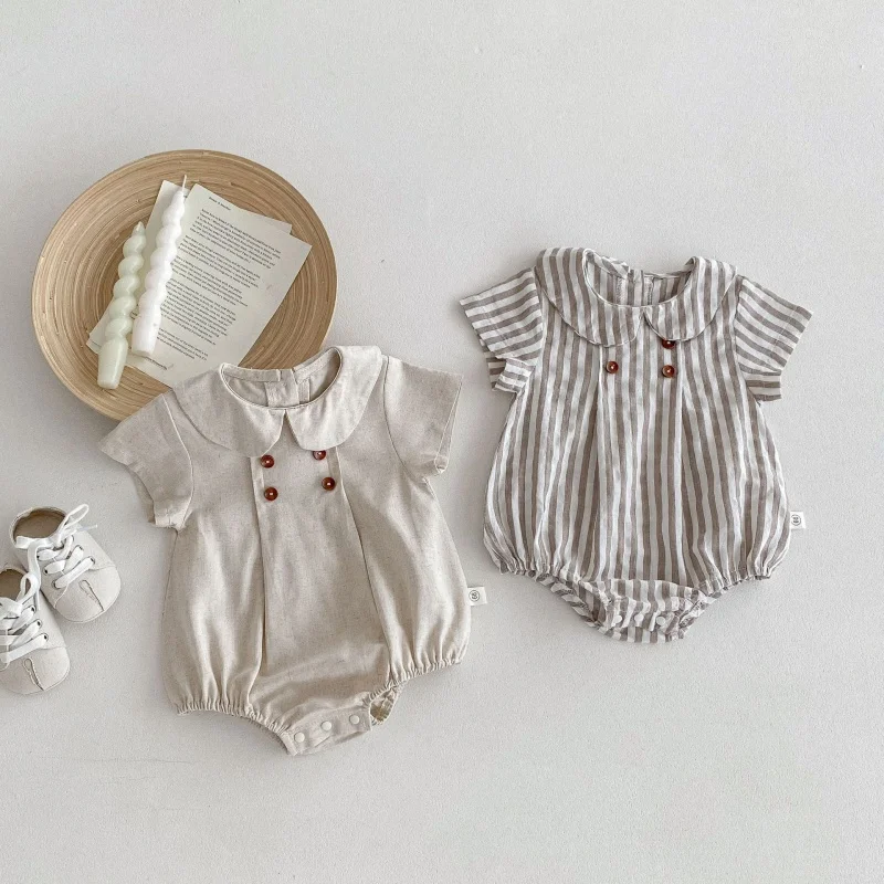 Summer Cotton Toddler Bodysuit Stripe Thin Toddler One Peice Loose Turndown Collar Infant Onesie Newborn Clothing
