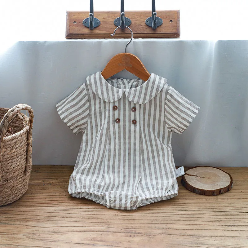 Summer Cotton Toddler Bodysuit Stripe Thin Toddler One Peice Loose Turndown Collar Infant Onesie Newborn Clothing