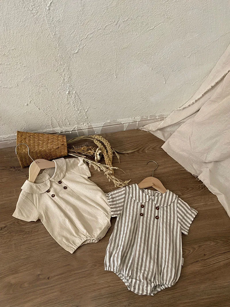 Summer Cotton Toddler Bodysuit Stripe Thin Toddler One Peice Loose Turndown Collar Infant Onesie Newborn Clothing