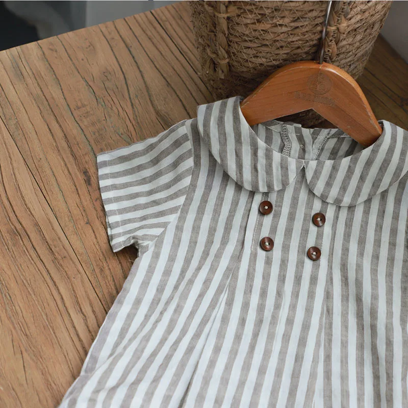Summer Cotton Toddler Bodysuit Stripe Thin Toddler One Peice Loose Turndown Collar Infant Onesie Newborn Clothing