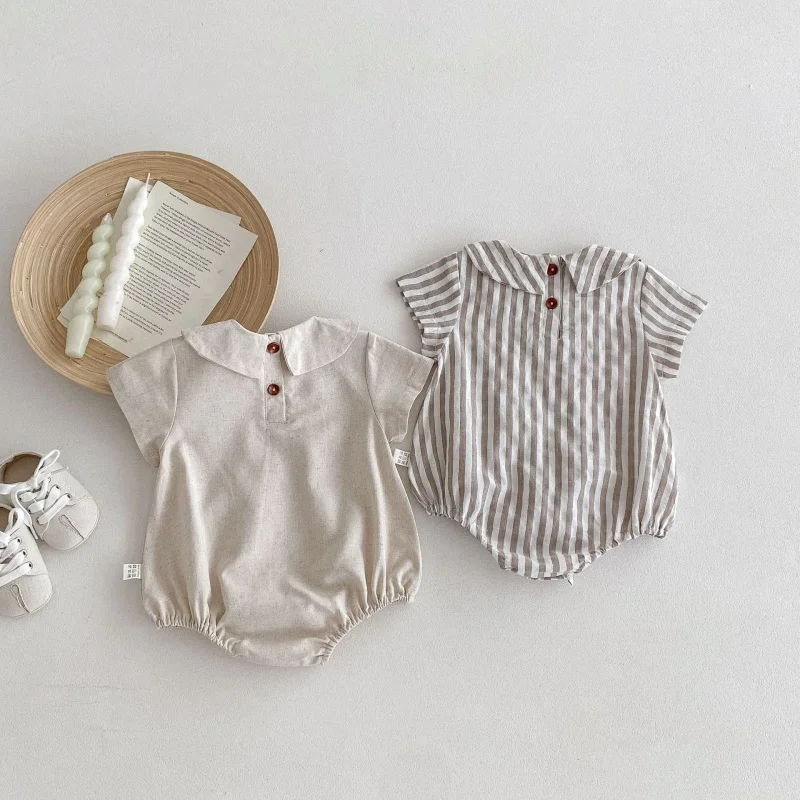 Summer Cotton Toddler Bodysuit Stripe Thin Toddler One Peice Loose Turndown Collar Infant Onesie Newborn Clothing