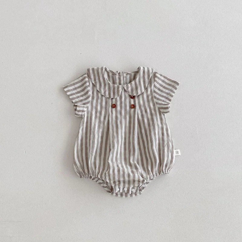 Summer Cotton Toddler Bodysuit Stripe Thin Toddler One Peice Loose Turndown Collar Infant Onesie Newborn Clothing