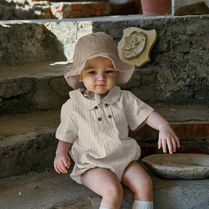 Summer Cotton Toddler Bodysuit Stripe Thin Toddler One Peice Loose Turndown Collar Infant Onesie Newborn Clothing