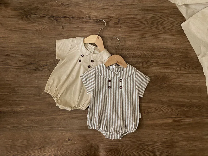 Summer Cotton Toddler Bodysuit Stripe Thin Toddler One Peice Loose Turndown Collar Infant Onesie Newborn Clothing