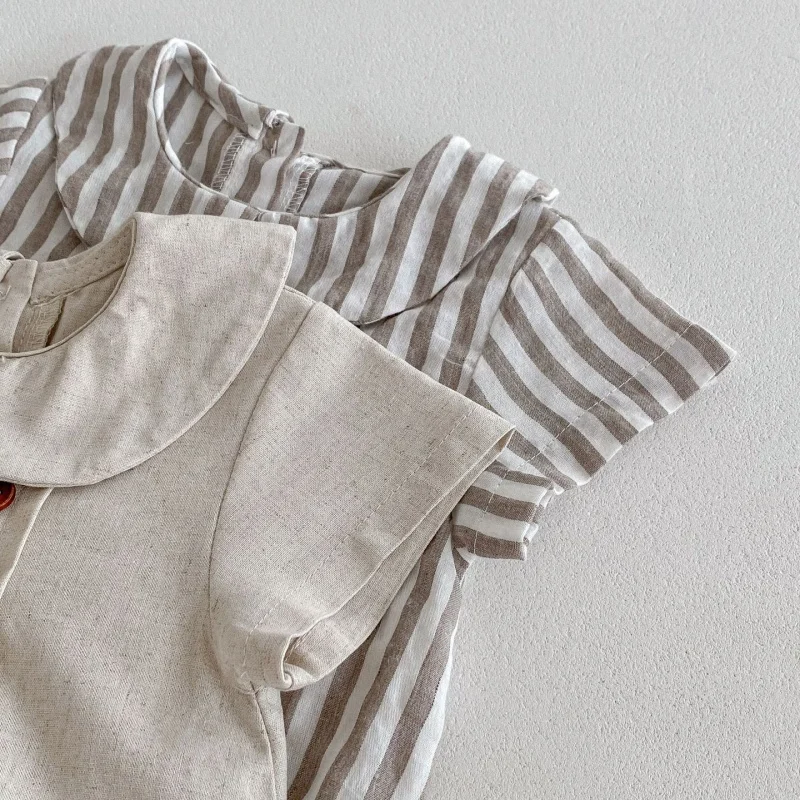 Summer Cotton Toddler Bodysuit Stripe Thin Toddler One Peice Loose Turndown Collar Infant Onesie Newborn Clothing