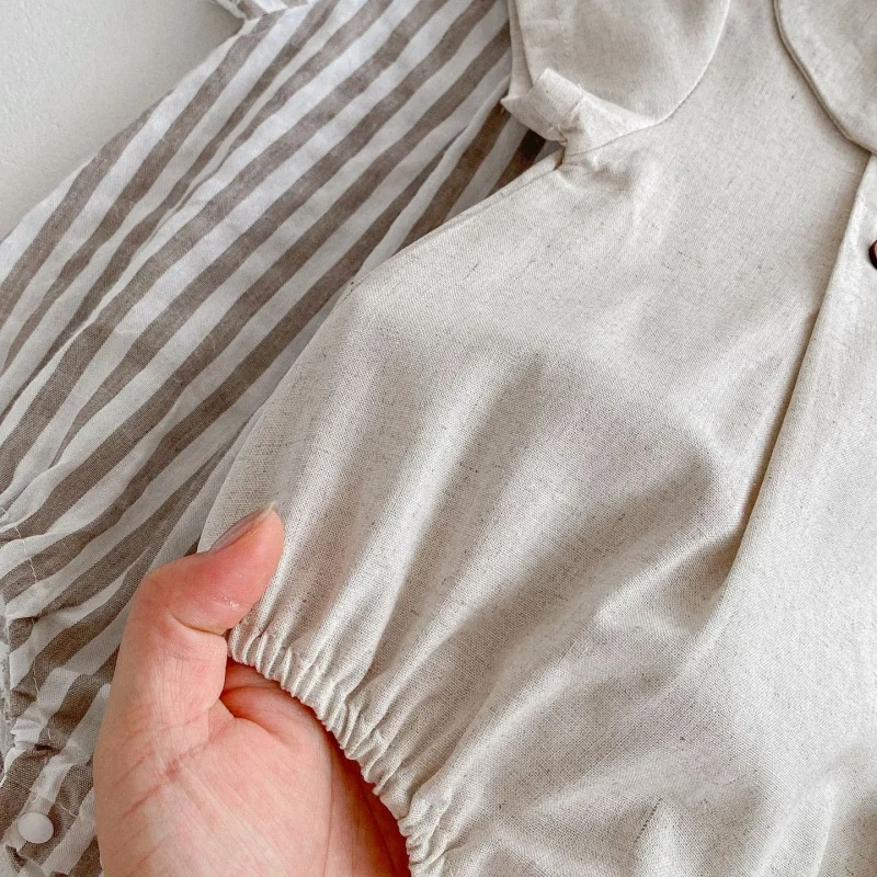 Summer Cotton Toddler Bodysuit Stripe Thin Toddler One Peice Loose Turndown Collar Infant Onesie Newborn Clothing