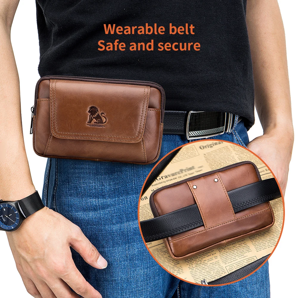 Genuine leather men's waist bag, cowhide multifunctional phone bag, can be worn with a belt hook