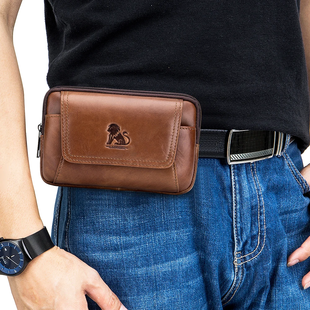 Genuine leather men's waist bag, cowhide multifunctional phone bag, can be worn with a belt hook