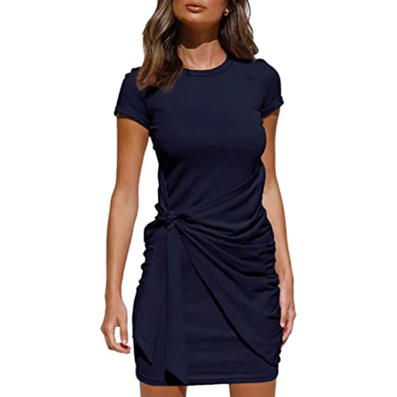 Irregular Ruffle Dress with Bow Belt, Short-Sleeved, Round Neck, Summer, New, 2024