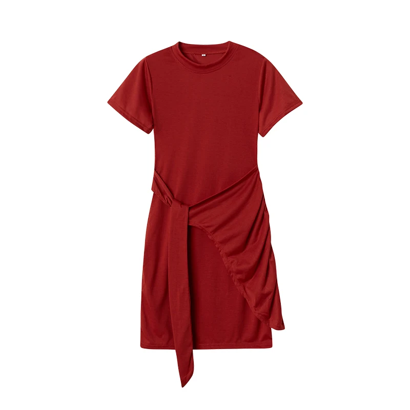 Irregular Ruffle Dress with Bow Belt, Short-Sleeved, Round Neck, Summer, New, 2024