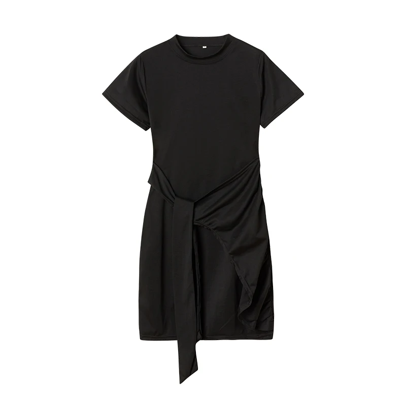 Irregular Ruffle Dress with Bow Belt, Short-Sleeved, Round Neck, Summer, New, 2024
