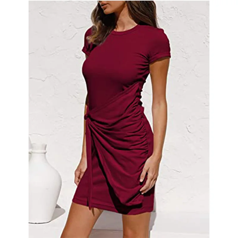 Irregular Ruffle Dress with Bow Belt, Short-Sleeved, Round Neck, Summer, New, 2024