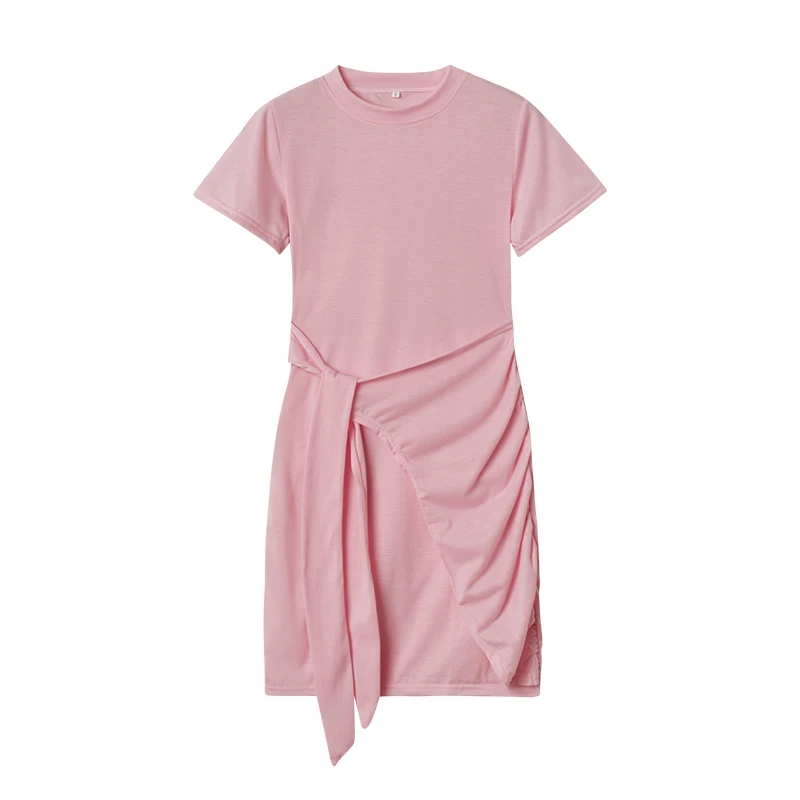Irregular Ruffle Dress with Bow Belt, Short-Sleeved, Round Neck, Summer, New, 2024