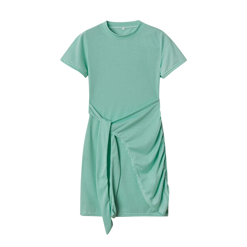 Irregular Ruffle Dress with Bow Belt, Short-Sleeved, Round Neck, Summer, New, 2024