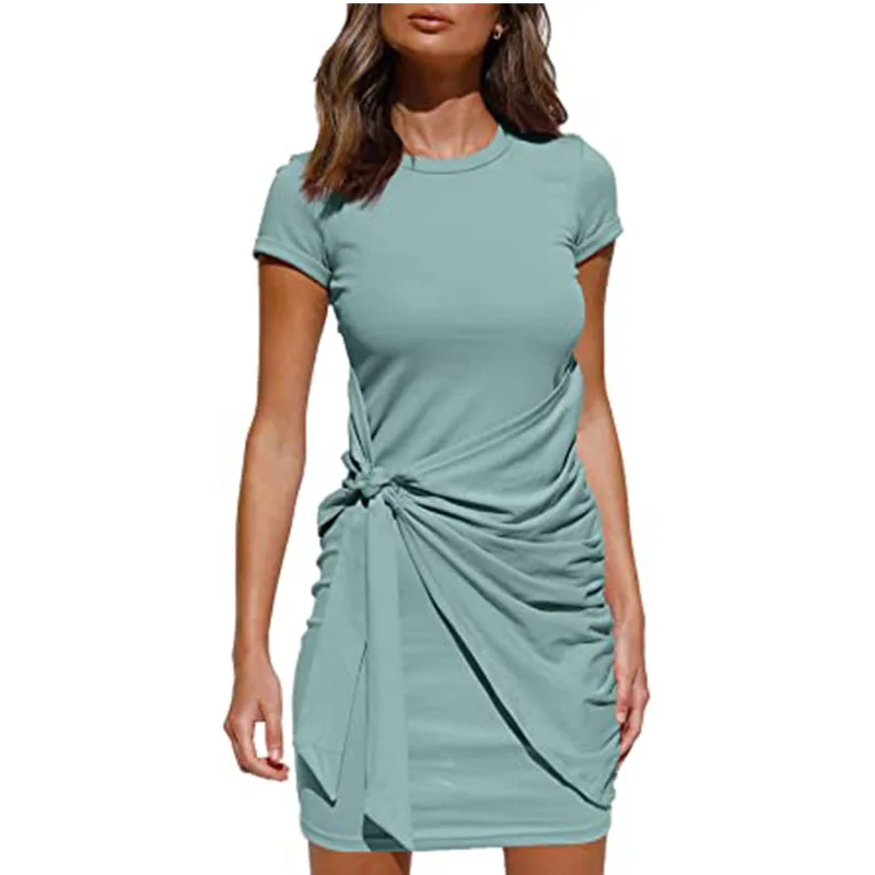 Irregular Ruffle Dress with Bow Belt, Short-Sleeved, Round Neck, Summer, New, 2024
