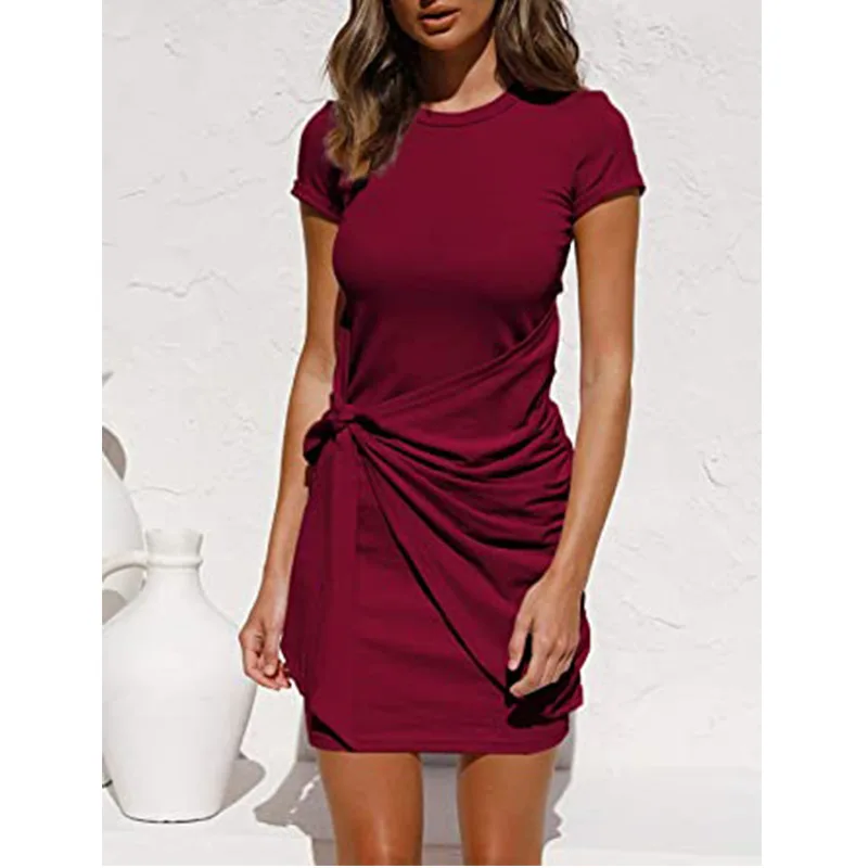Irregular Ruffle Dress with Bow Belt, Short-Sleeved, Round Neck, Summer, New, 2024