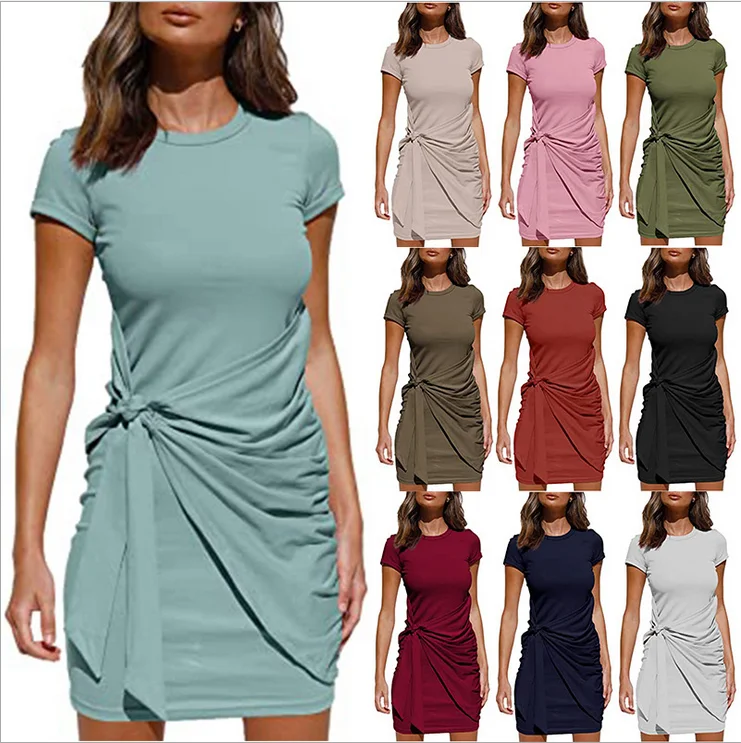 Irregular Ruffle Dress with Bow Belt, Short-Sleeved, Round Neck, Summer, New, 2024
