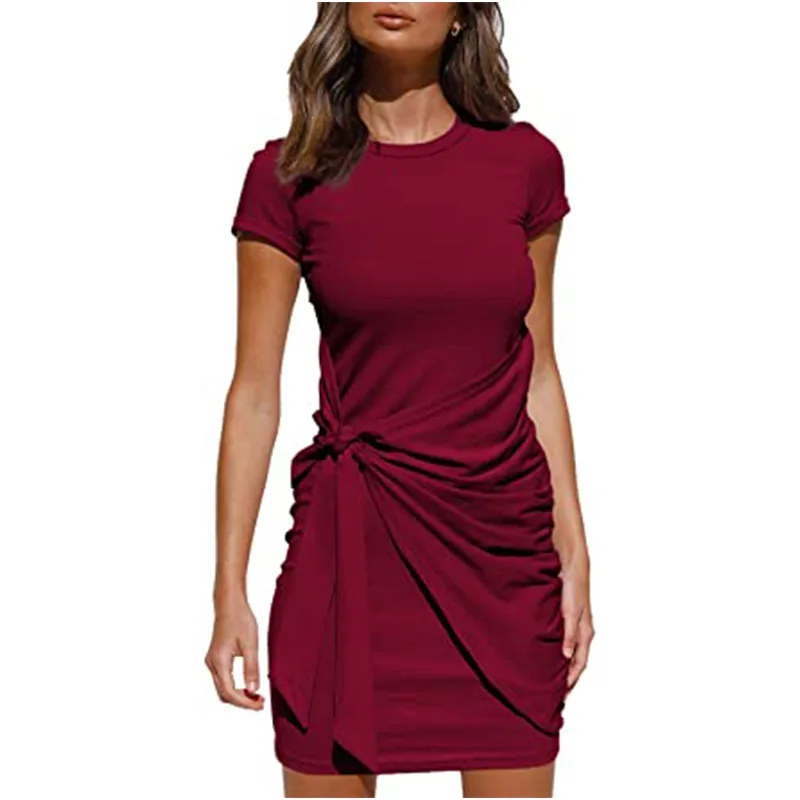 Irregular Ruffle Dress with Bow Belt, Short-Sleeved, Round Neck, Summer, New, 2024