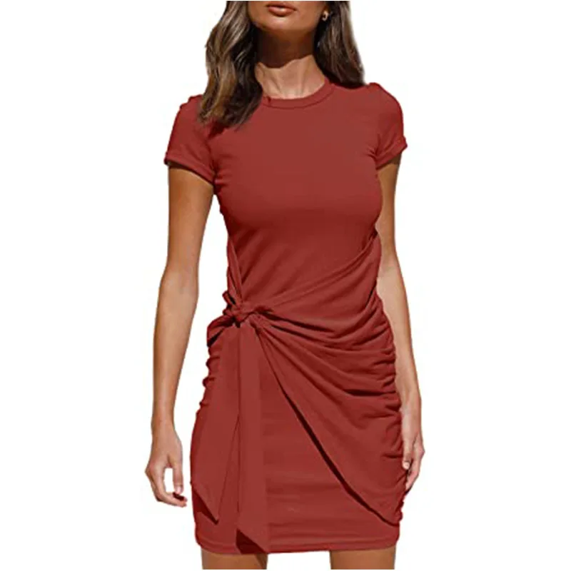 Irregular Ruffle Dress with Bow Belt, Short-Sleeved, Round Neck, Summer, New, 2024