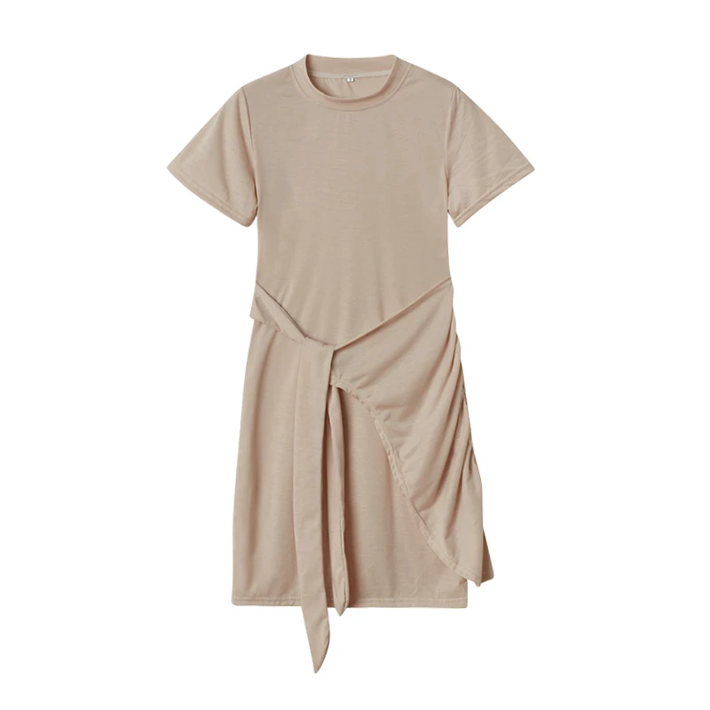 Irregular Ruffle Dress with Bow Belt, Short-Sleeved, Round Neck, Summer, New, 2024