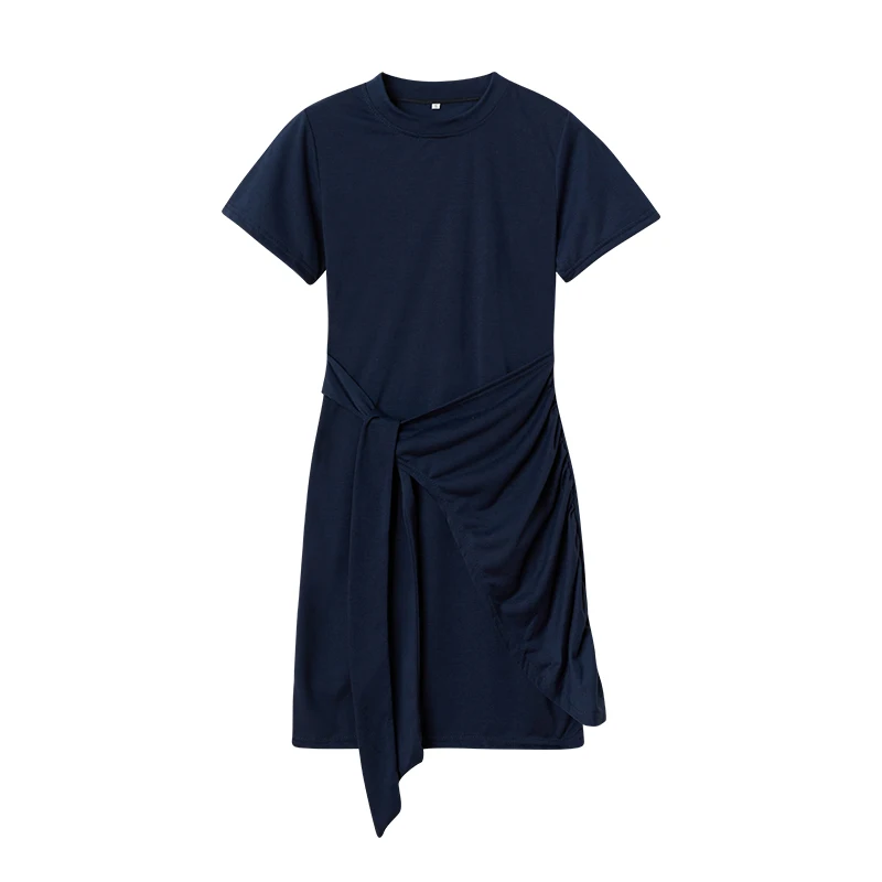 Irregular Ruffle Dress with Bow Belt, Short-Sleeved, Round Neck, Summer, New, 2024