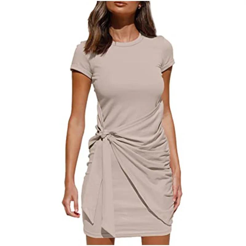 Irregular Ruffle Dress with Bow Belt, Short-Sleeved, Round Neck, Summer, New, 2024