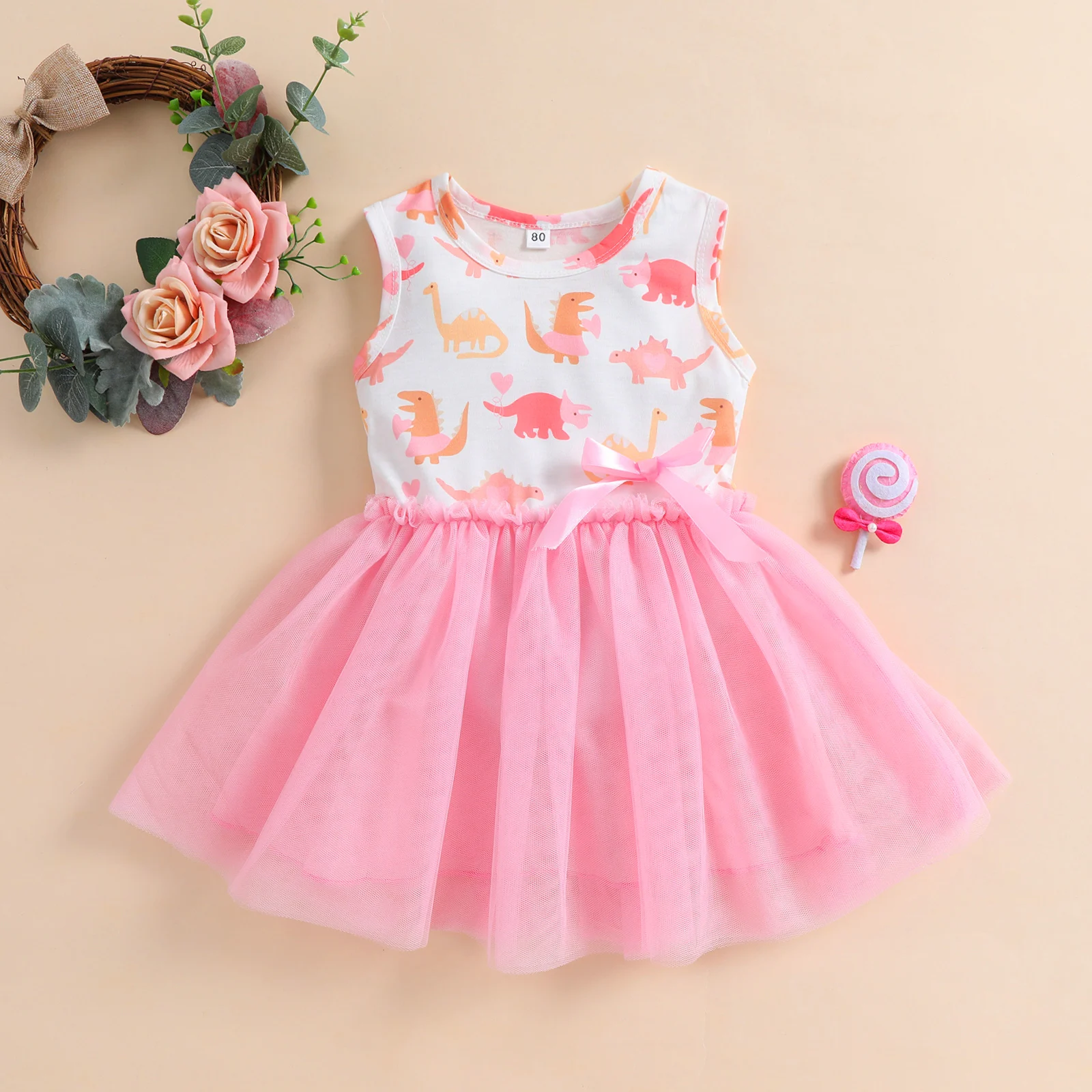 Summer 1-5 Years Little Girl Princess Dress Clothing Baby Girl Sleeveless Dinosaur Print Mesh Dress For Kids Girl Party