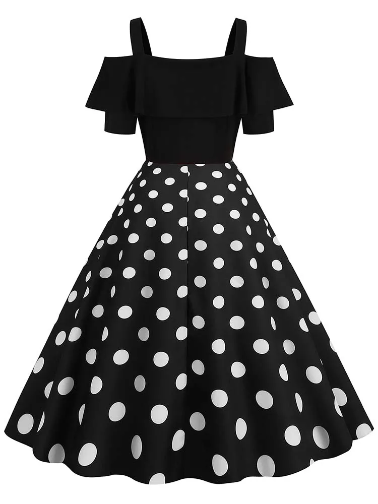 Elegant Off Shoulder Women Summer Dress Slash Neck Vintage Ladies Fit and Flare Polka Dot Party Dress