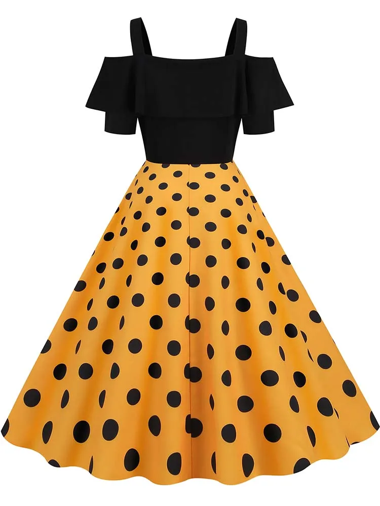 Elegant Off Shoulder Women Summer Dress Slash Neck Vintage Ladies Fit and Flare Polka Dot Party Dress