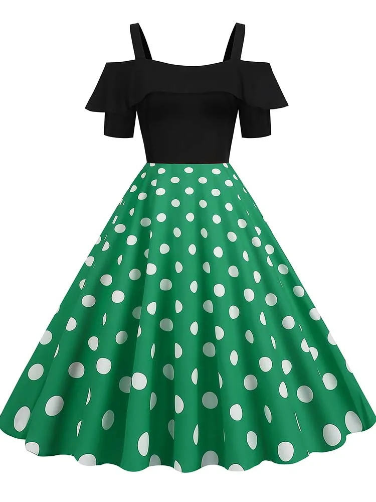 Elegant Off Shoulder Women Summer Dress Slash Neck Vintage Ladies Fit and Flare Polka Dot Party Dress
