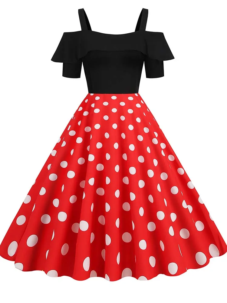 Elegant Off Shoulder Women Summer Dress Slash Neck Vintage Ladies Fit and Flare Polka Dot Party Dress