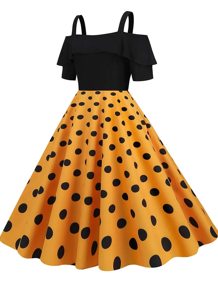 Elegant Off Shoulder Women Summer Dress Slash Neck Vintage Ladies Fit and Flare Polka Dot Party Dress