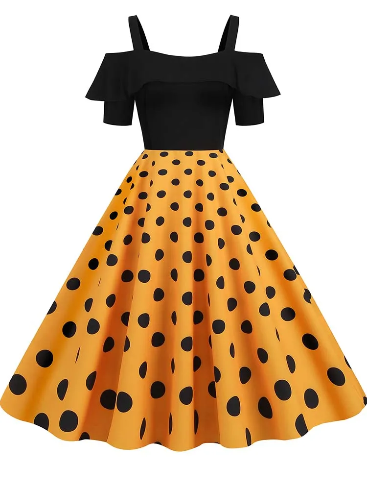 Elegant Off Shoulder Women Summer Dress Slash Neck Vintage Ladies Fit and Flare Polka Dot Party Dress