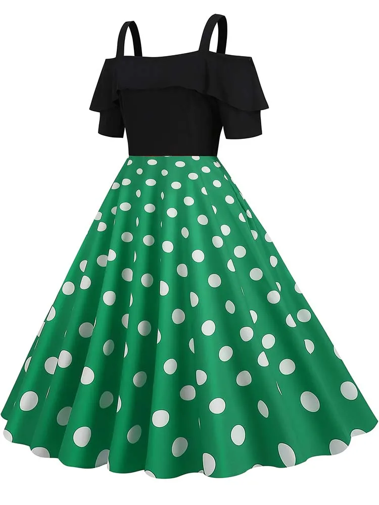 Elegant Off Shoulder Women Summer Dress Slash Neck Vintage Ladies Fit and Flare Polka Dot Party Dress