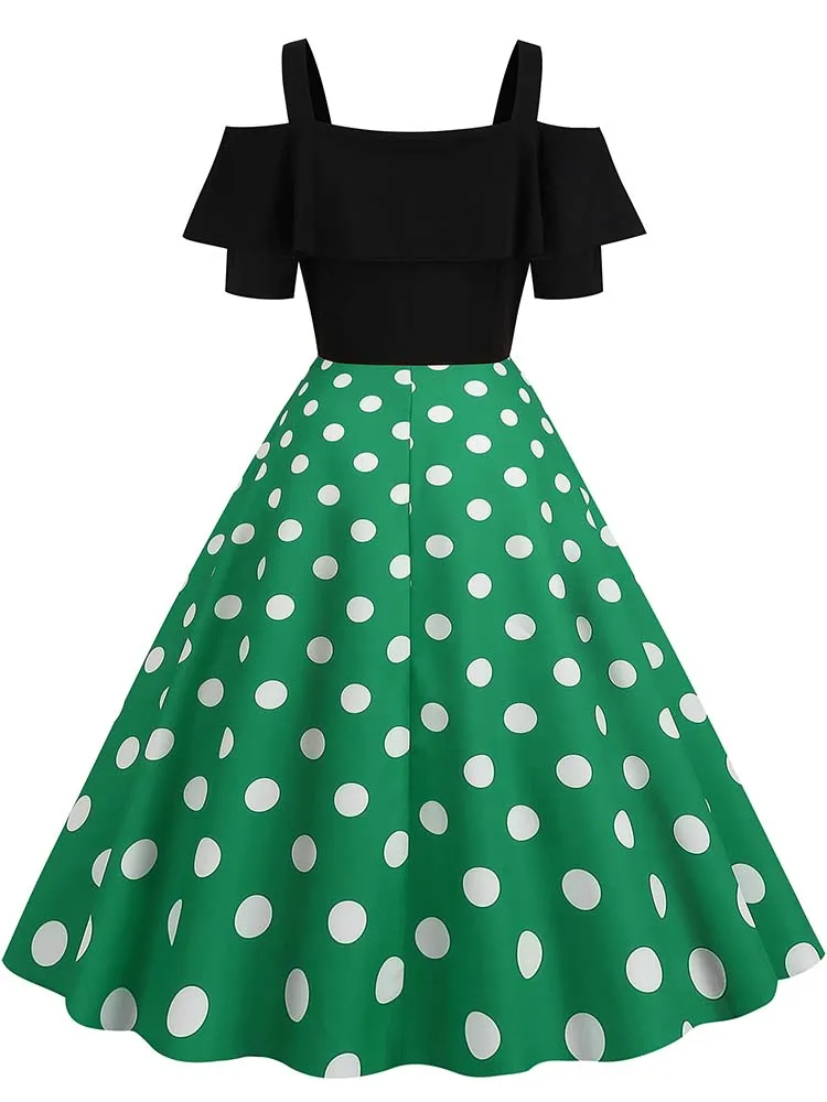 Elegant Off Shoulder Women Summer Dress Slash Neck Vintage Ladies Fit and Flare Polka Dot Party Dress