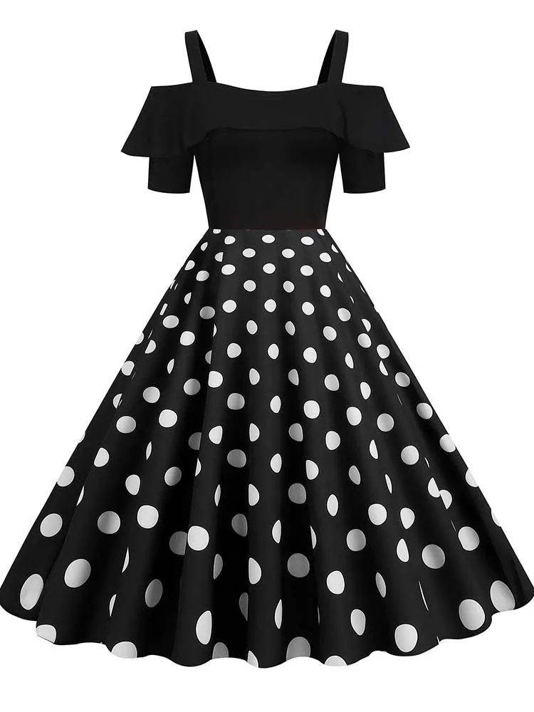 Elegant Off Shoulder Women Summer Dress Slash Neck Vintage Ladies Fit and Flare Polka Dot Party Dress