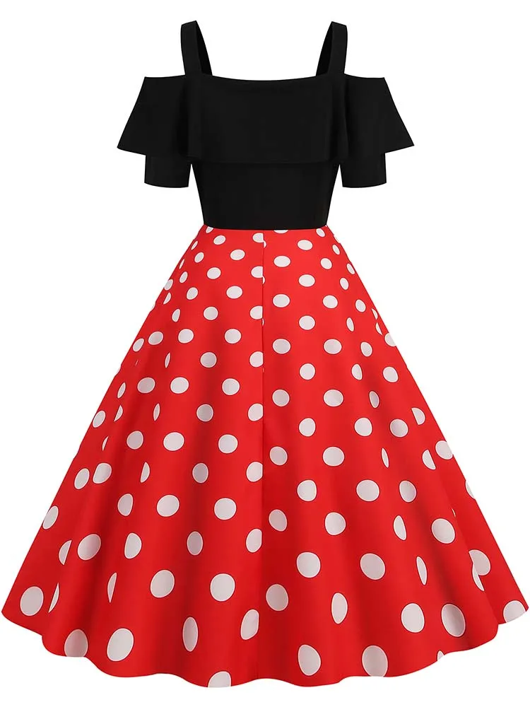 Elegant Off Shoulder Women Summer Dress Slash Neck Vintage Ladies Fit and Flare Polka Dot Party Dress