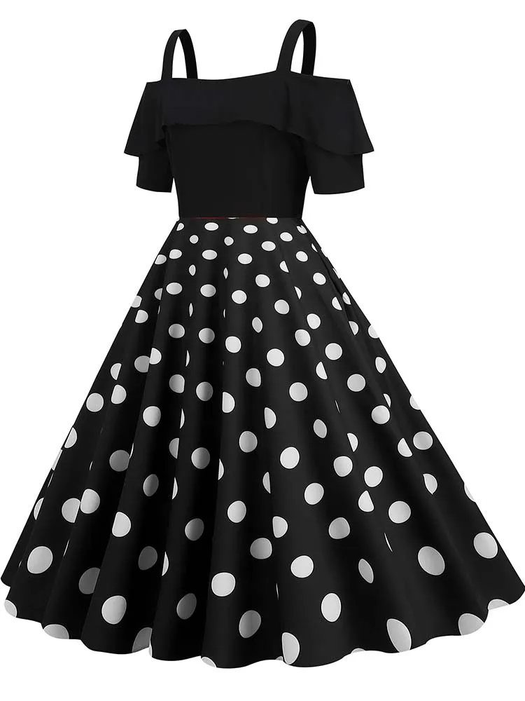 Elegant Off Shoulder Women Summer Dress Slash Neck Vintage Ladies Fit and Flare Polka Dot Party Dress