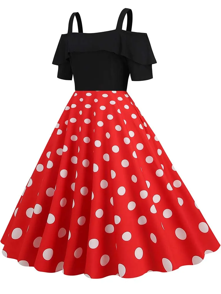 Elegant Off Shoulder Women Summer Dress Slash Neck Vintage Ladies Fit and Flare Polka Dot Party Dress