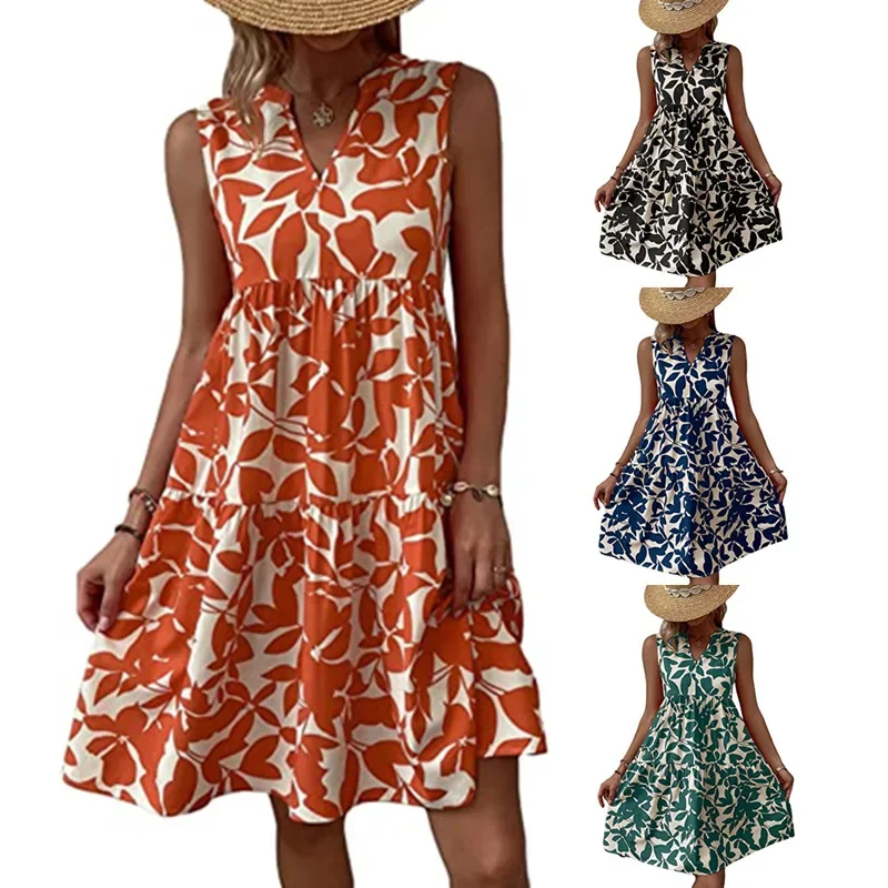 Women Boho Print Mini Dress Summer Elegant Sleeveless V Neck Ruffle A Line Tank Dress Casual Loose Oversize Beach Party Sundress