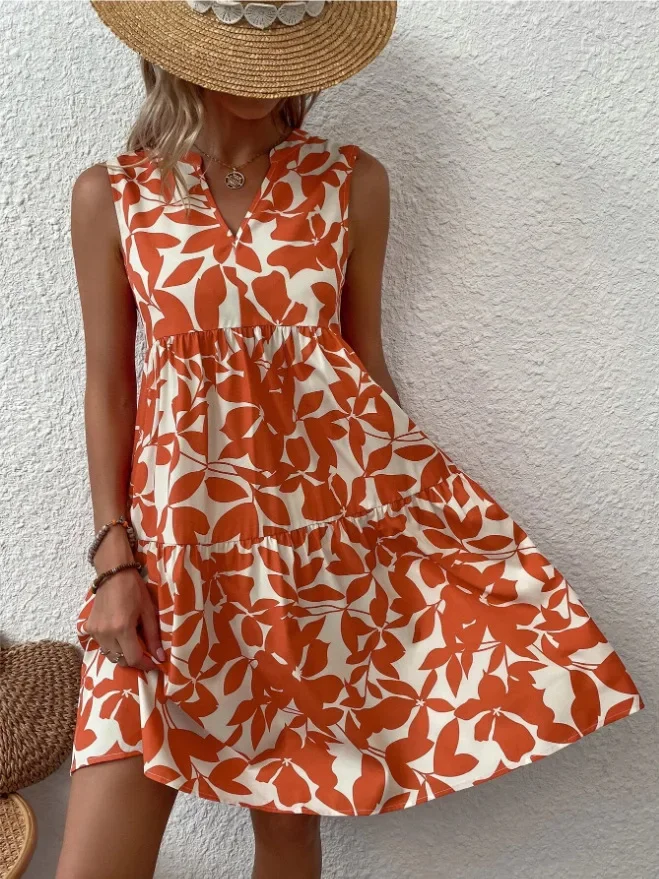Women Boho Print Mini Dress Summer Elegant Sleeveless V Neck Ruffle A Line Tank Dress Casual Loose Oversize Beach Party Sundress