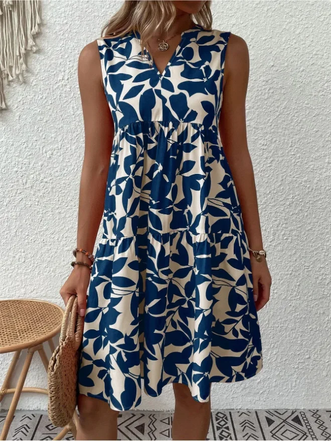 Women Boho Print Mini Dress Summer Elegant Sleeveless V Neck Ruffle A Line Tank Dress Casual Loose Oversize Beach Party Sundress