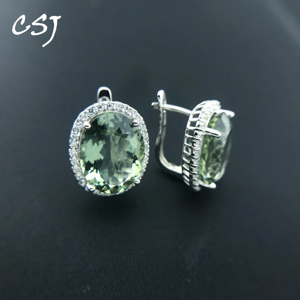 Big Stone 19.5ct Real Natural Green Amethyst Earring Sterling 925 Silver Oval 12*16mm Fine Jewelry For Women Lady Party Gift