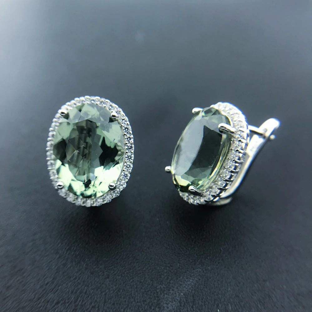 Big Stone 19.5ct Real Natural Green Amethyst Earring Sterling 925 Silver Oval 12*16mm Fine Jewelry For Women Lady Party Gift
