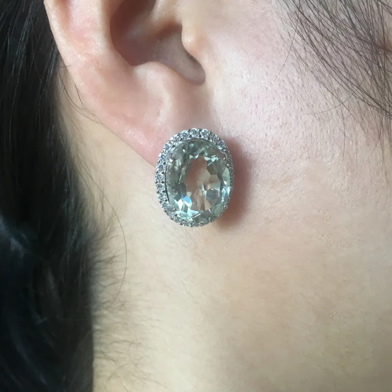 Big Stone 19.5ct Real Natural Green Amethyst Earring Sterling 925 Silver Oval 12*16mm Fine Jewelry For Women Lady Party Gift