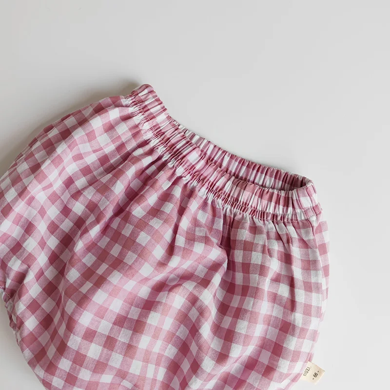 Summer Baby Clothes Suit Infant Girls Boys Cartoon T-shirt and Plaid Bloomer 2Pcs Korean Style Casual Toddler Outwear