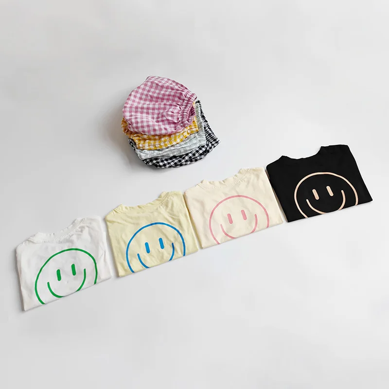 Summer Baby Clothes Suit Infant Girls Boys Cartoon T-shirt and Plaid Bloomer 2Pcs Korean Style Casual Toddler Outwear