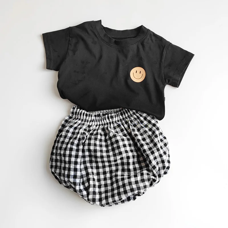 Summer Baby Clothes Suit Infant Girls Boys Cartoon T-shirt and Plaid Bloomer 2Pcs Korean Style Casual Toddler Outwear