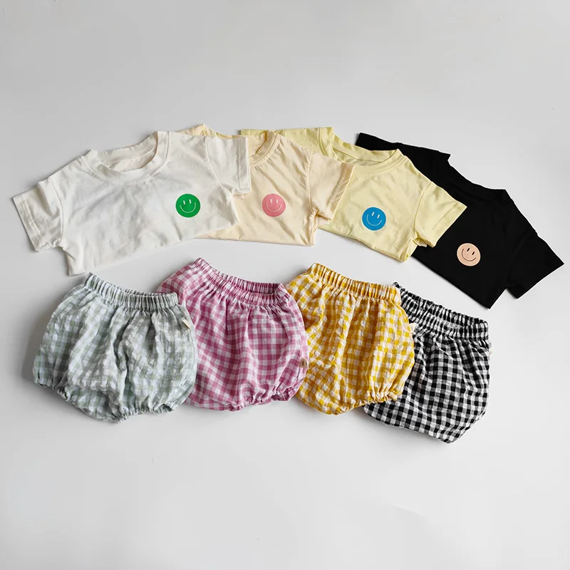 Summer Baby Clothes Suit Infant Girls Boys Cartoon T-shirt and Plaid Bloomer 2Pcs Korean Style Casual Toddler Outwear