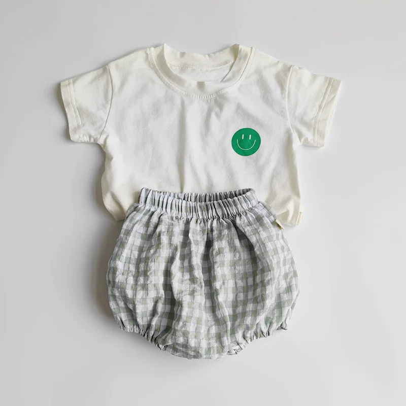Summer Baby Clothes Suit Infant Girls Boys Cartoon T-shirt and Plaid Bloomer 2Pcs Korean Style Casual Toddler Outwear